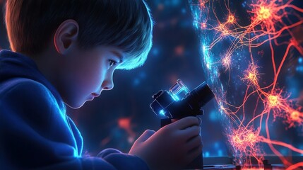 Poster - A young scientist meticulously examines a neural network through a microscope.