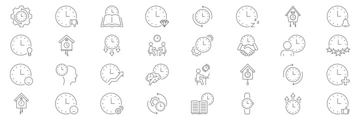Poster - Clock And Time Management Icon Set. Productivity, Efficiency, And Scheduling Outline Symbol Collection. Includes Clocks With Gears, Books, And People. Editable Stroke. Isolated Vector Illustration