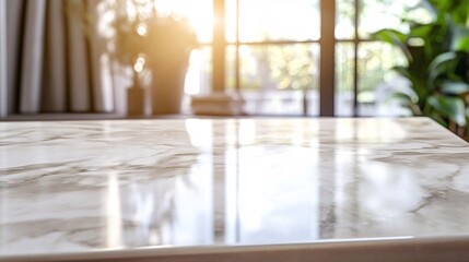 Poster - Empty marble table top reflecting sunlight from window