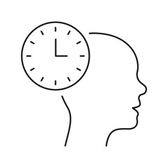 Poster - Head With Clock Line Icon. Time Management, Mental Scheduling, And Cognitive Planning Outline Symbol. Productivity And Efficiency Concept. Editable Stroke. Isolated Vector Illustration