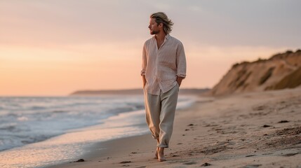 Aufkleber - A man walks barefoot along the sandy shore, the soft waves lapping at his feet as the sun sets, painting the sky with warm hues of orange and pink. A moment of peaceful solitude by the ocean.