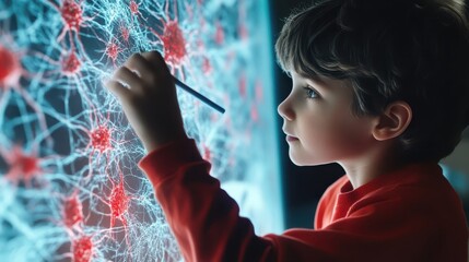 Poster - A young child interacts with a projected neural network display.
