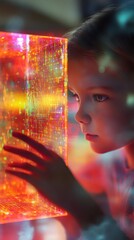 Poster - A child captivated by a luminous, digital cube.
