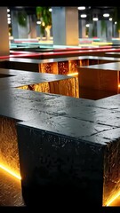 Poster - Abstract black metal blocks with glowing edges and wet reflective texture, arranged in a geometric futuristic layout
