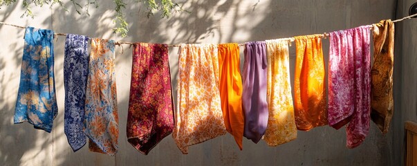Poster - Colorful fabrics hanging on a clothesline drying in the sun