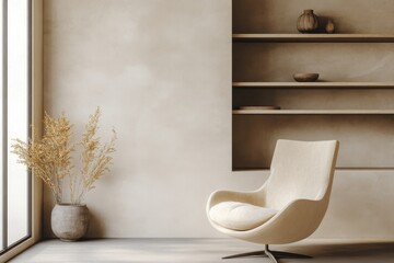 Poster - A minimalist interior featuring a modern chair and shelving unit bathed in soft natural light from a window