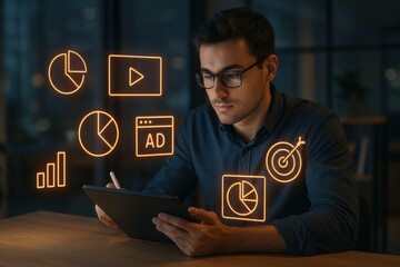 Poster - Data Driven: A focused individual, immersed in the world of digital insights, meticulously examines data representations with tablet.