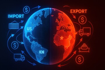 Poster - Global Trade: A dynamic illustration portraying the complex interplay of global trade, with an emphasis on imports, exports, and the movement of capital across different continents.
