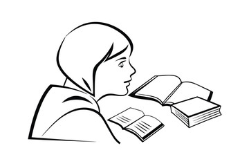 Poster - Girl reads books vector illustration,outline design for educational resources,study material and personal development projects