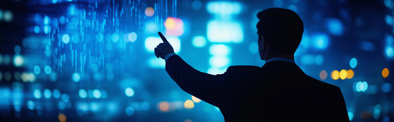 Silhouette of a man in a suit pointing at a blue digital display with blurred city lights background