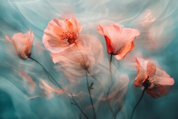 Poster - A soft focus image showcasing a cluster of peach colored blossoms against a muted teal background color