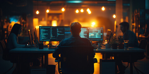A programmer works at a computer with multiple screens in a dimly lit office environment at night