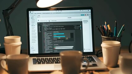 Poster - Laptop displaying code on a desk at night with many empty coffee cups