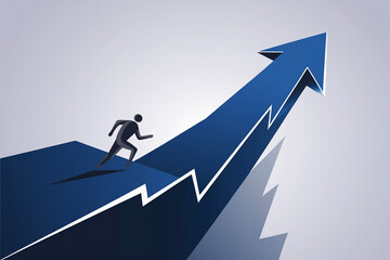 Poster - Abstract illustration of a figure ascending a blue arrow, symbolizing growth, progress, and ambition in business or career success