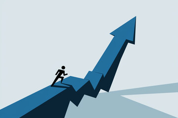Poster - Abstract illustration of figure climbing blue arrow, symbolizing growth, progress, and ambition in business, suitable for presentations or marketing materials