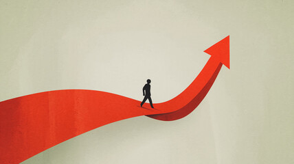 Poster - Silhouette walks upward red arrow path, symbolizing growth, progress, and success journey, showcasing ambition and achievement