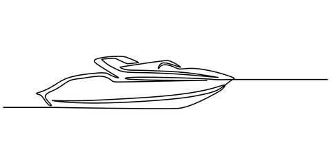 Poster - Continuous singe one line drawing art of luxury yacht speed boat sailing cruise vector illustration, Speed boat in continuous one line drawing. Single line art illustration of sailing boat. motorboat.