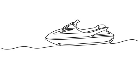 Poster - Continuous singe one line drawing art of luxury yacht speed boat sailing cruise vector illustration, Speed boat in continuous one line drawing. Single line art illustration of sailing boat. motorboat.