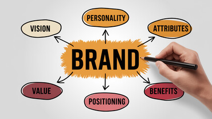 Poster - Hand drawing brand strategy mind map, showing brand in center, connected to vision, personality, attributes, value, benefits and positioning, illustrating brand building process