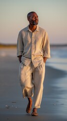 Aufkleber - A man strolls on a sandy beach at sunset, enjoying the calm waves and golden light. His relaxed attire contrasts beautifully with the tranquil surroundings, evoking peace and contemplation.