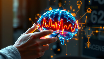Poster - Hand interacting with glowing brain, showcasing neural connections and data visualization