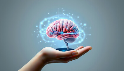 Poster - hand holding glowing brain with digital effects, symbolizing intelligence and innovation