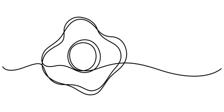 Scrambled eggs drawn with one continuous line, Pro vector, Vector illustration of Fried egg with runny yolk on white background black and white drawing For children to learn to color. World egg day.