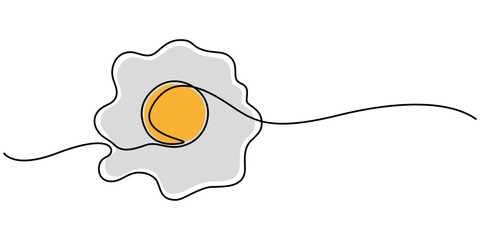 Fototapete - Scrambled eggs drawn with one continuous line, Pro vector, Vector illustration of Fried egg with runny yolk on white background black and white drawing For children to learn to color. World egg day.