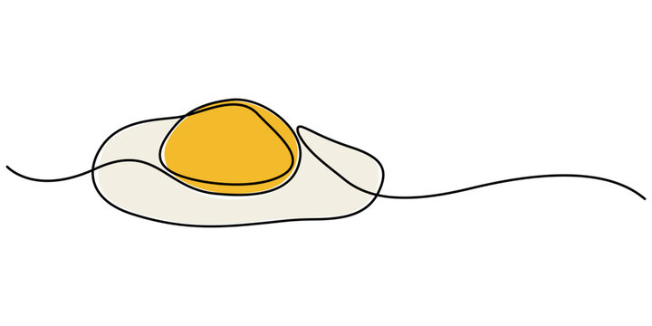 Scrambled eggs drawn with one continuous line, Pro vector, Vector illustration of Fried egg with runny yolk on white background black and white drawing For children to learn to color. World egg day.