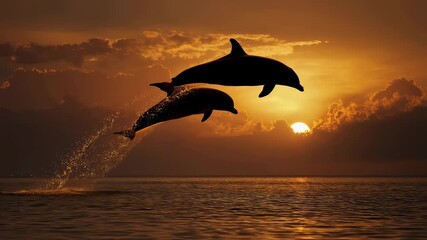 Wall Mural - Silhouetted dolphins jumping together at sunset.