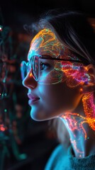 Poster - A woman's face and neck, illuminated with vibrant neural pathways, suggesting advanced technology and the interconnectedness of the mind.
