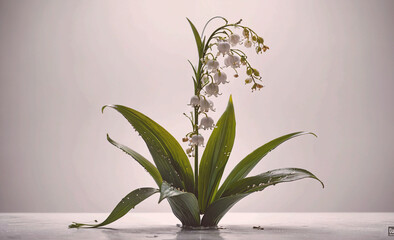 Poster - Single flower with a stem is on a table. The flower is white and has a green stem