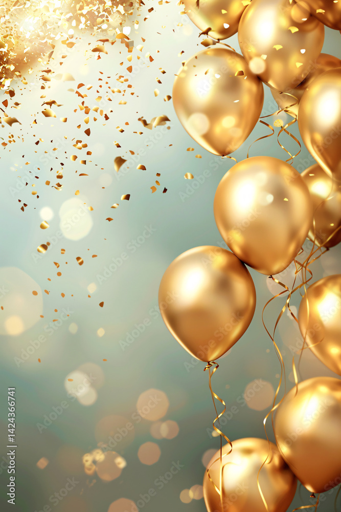 Golden balloons floating with falling confetti on a teal background ...