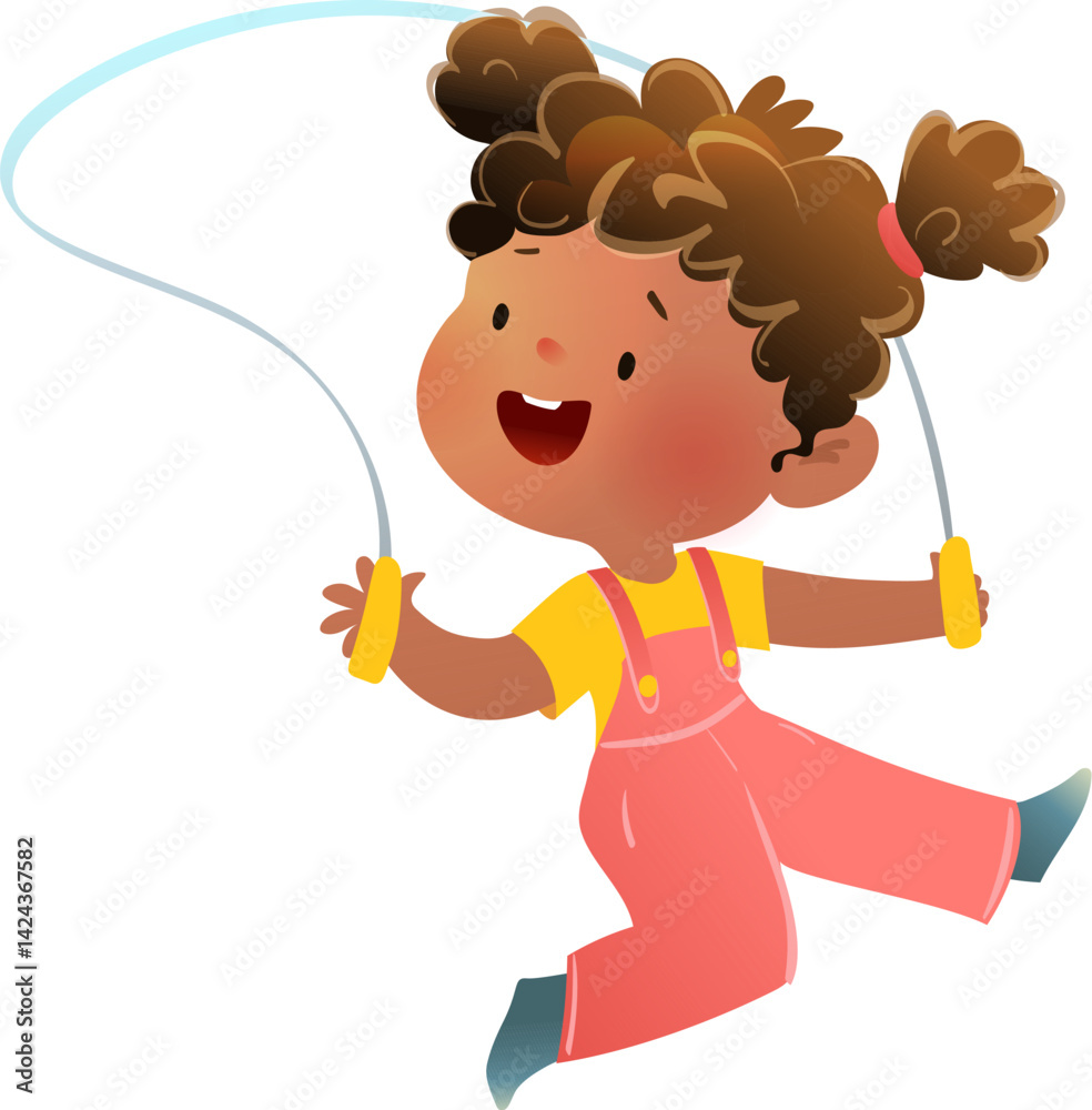 Cheerful African American Girl Child in Overalls Jumping Rope. Active ...