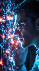 Poster - A man engrossed in studying a neural network visualization.