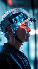 Poster - A person wearing a futuristic brain-computer interface helmet.