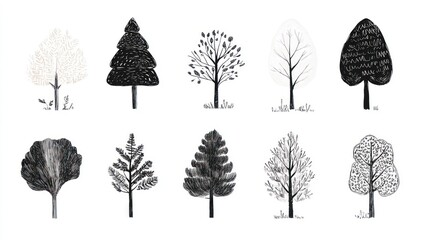 Monochrome tree illustrations; nature, design, graphic, background, website