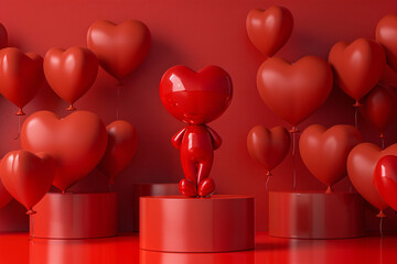 Poster - 3d render of a red heart character celebrating valentine's day