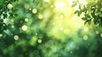 Poster - Sunlight shining through fresh green leaves creating a natural abstract bokeh background