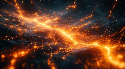 Poster - Abstract energy flow through a dark, particle field.  Dynamic orange/yellow electric currents intertwine with a scattering of glowing particles in a dark space