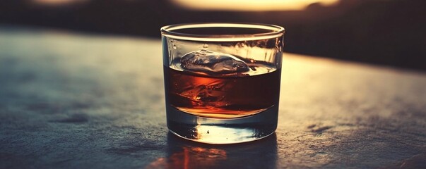 Poster - Glass of whiskey with ice resting on table at sunset