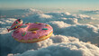 © @mujahidul - Pink donut spaceship soars above clouds whimsical flight pastel sky