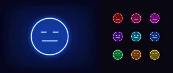 Poster - Outline neon expressionless emoji icon. Glowing neon emoticon with doubt face, emotionless emoji. Straight face, expression less, poker face, distrust emotion, mistrust emoticon. Vector icon set