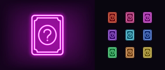 Poster - Outline neon quiz card icon. Glowing neon play card with question mark, guessing game icon. Quiz time, trivia game show, tarot card, guess answer, questionnaire, quiz competition. Vector icon set