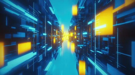 Poster - Futuristic digital corridor with glowing blue and yellow blocks, evoking data flow and high-tech networks. Ideal for technology themes, innovation visuals, and digital ads