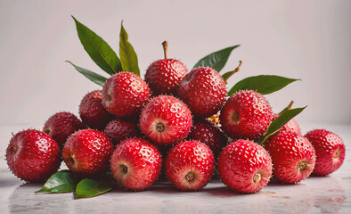 Poster - Pile of red apples with green leaves on top. The apples are shiny and ripe, and the leaves add a touch of freshness to the scene