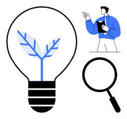 Poster - plant growing inside light bulb symbolizes green innovation. includes magnifying glass and professio