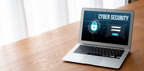 Poster - cyber security system on computer screen protect private information snugly from hacker and cyber at