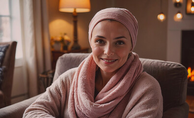 Poster - Woman wearing a pink scarf is sitting on a couch. She is smiling and looking at the camera