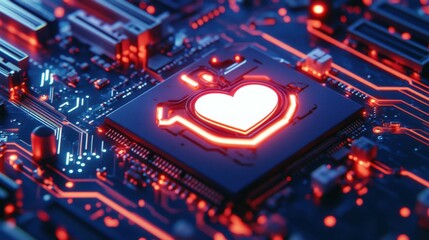 Poster - Social Media Technology Concept with like symbol on a Microchip. White Neon Data flows between the CPU and the User across a Futuristic Motherboard. 3D render.